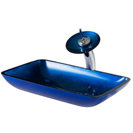 Rectangular Blue Glass Bathroom Vessel Sink and Waterfall Faucet Combo Set with Disk and Pop-Up Drain