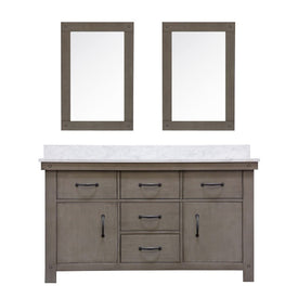 Aberdeen 60" Double Bathroom Vanity in Grizzle Gray with Mirrors, Faucets, and Carrara White Marble Top