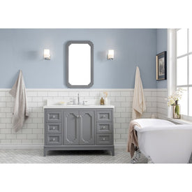 Queen 48" Single Bathroom Vanity in Cashmere Gray with Quartz Carrara Top, Mirror(s) and Faucet(s)