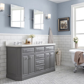 Palace 60" Double Bathroom Vanity Set in Cashmere Gray with Quartz Top, Hardware, Mirror in Chrome