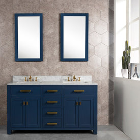 Madison 60" Double Bathroom Vanity in Monarch Blue with Carrara White Marble Top and Mirror(s) and Faucet(s)