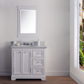 Derby 36" Single Bathroom Vanity in Pure White with Carrara Marble Top and Mirror and Faucet(s)
