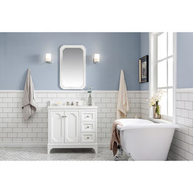 Queen 36" Single Bathroom Vanity in Pure White with Quartz Carrara Top, Mirror(s) and Faucet(s)