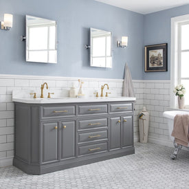 Palace 72" Double Bathroom Vanity Set in Cashmere Gray with Quartz Top, Hardware in Satin Gold and Mirrors in Chrome