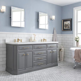 Palace 72" Double Bathroom Vanity Set in Cashmere Gray with Quartz Top, Hardware and Faucets in Satin Gold and Mirrors in Chrome