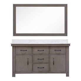 Aberdeen 60" Double Bathroom Vanity in Grizzle Gray with Mirror, Faucets and Carrara White Marble Top