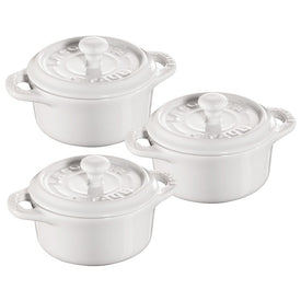 Three-Piece Ceramic Mini Round Cocotte Set - White